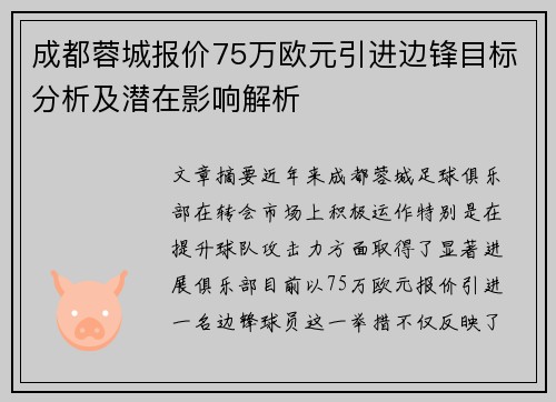 成都蓉城报价75万欧元引进边锋目标分析及潜在影响解析
